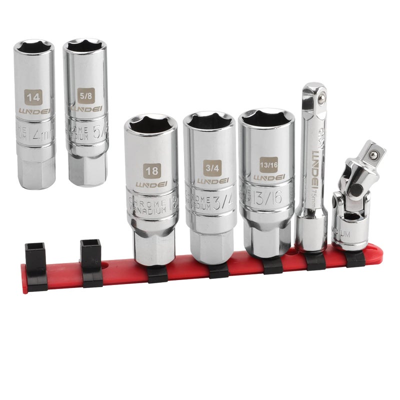 LLNDEI 3/8-Inch Drive Spark Plug Socket Set 7PCS  SAE & Metric  5/8-inch  3/4-inch  13/16-inch  14mm  18mm  CR-V Steel Mirror Finish Sockets with Rubber Retaining Rings  Universal Joint  Extension Bar - Image 1